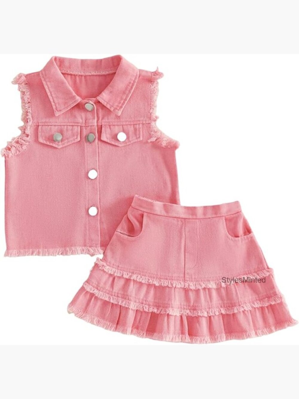 Kids Cowgirl Outfit 2-Pc Skirt Set Denim Vest Top Ruffle Tiered Skirt 1-6T